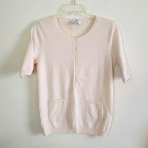 Peter Hahn quarter button down cashmere short sleeve sweater, front pockets Sz 8